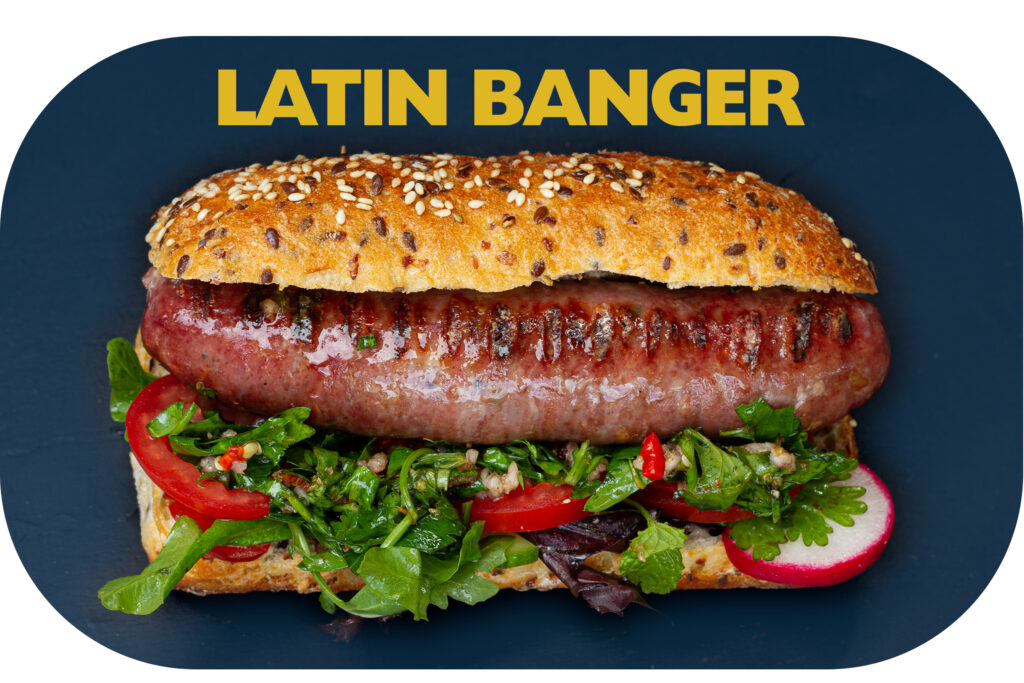"latin Banger" Beef and pork sausage, served with fresh tomato, mixed salad and in-house chimichurri salsa